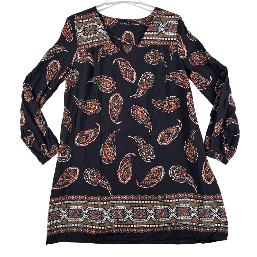 Blu Pepper Dress Womens Small Blue Paisley Boho Shift Long Sleeve Lined Mini